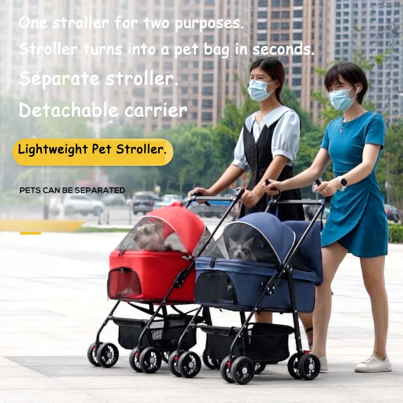 4 Wheel Foldable Pet Stroller with Detachable Carrier Storage Basket - Multifunction Pet Outdoor 3-in-1 Folding Dog Stroller