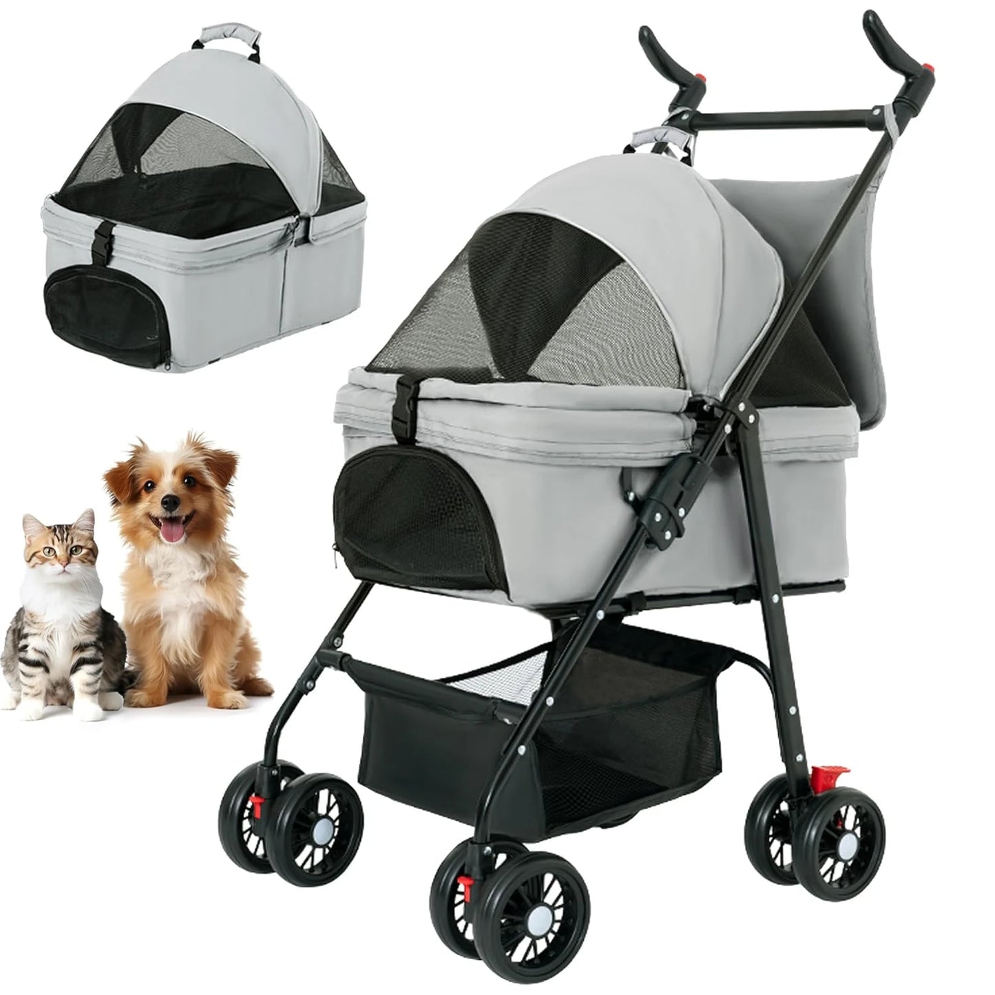 4 Wheel Foldable Pet Stroller with Detachable Carrier Storage Basket - Multifunction Pet Outdoor 3-in-1 Folding Dog Stroller