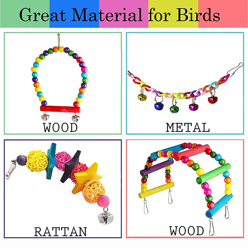 7pcs Pack Wood Parrot Toys, Bird Accessories - Swing, Suspension Bridge, Balls, Bells, Mirror