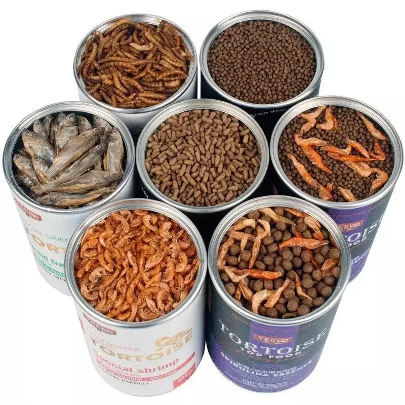 Dried and Freeze-Dried Selection of Food for Turtle and Tortoise; Omnivorous Reptiles, Lizards, and Amphibians; Also Some Carnivorous & Omnivorous Small Animals