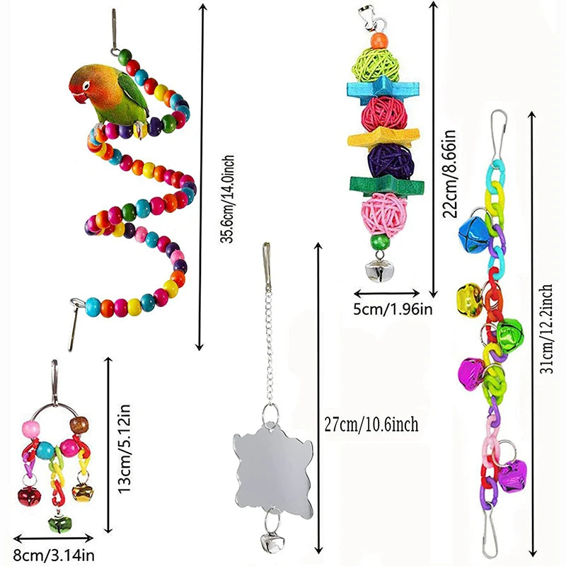 7pcs Pack Wood Parrot Toys, Bird Accessories - Swing, Suspension Bridge, Balls, Bells, Mirror