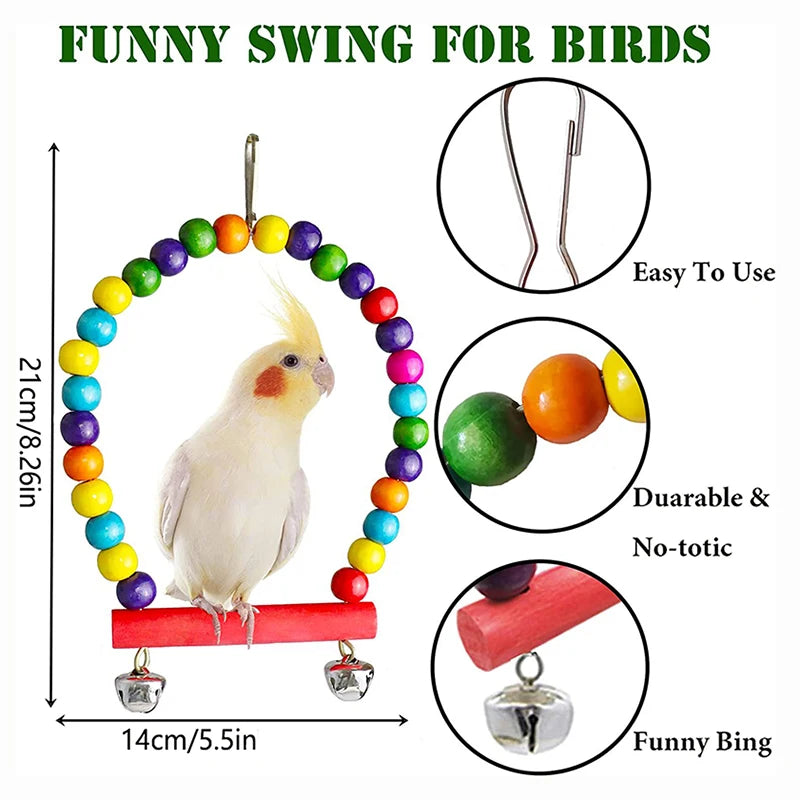 7pcs Pack Wood Parrot Toys, Bird Accessories - Swing, Suspension Bridge, Balls, Bells, Mirror