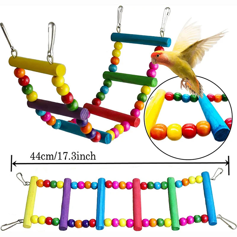 7pcs Pack Wood Parrot Toys, Bird Accessories - Swing, Suspension Bridge, Balls, Bells, Mirror