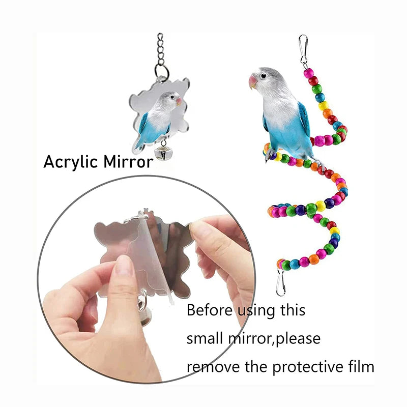 7pcs Pack Wood Parrot Toys, Bird Accessories - Swing, Suspension Bridge, Balls, Bells, Mirror