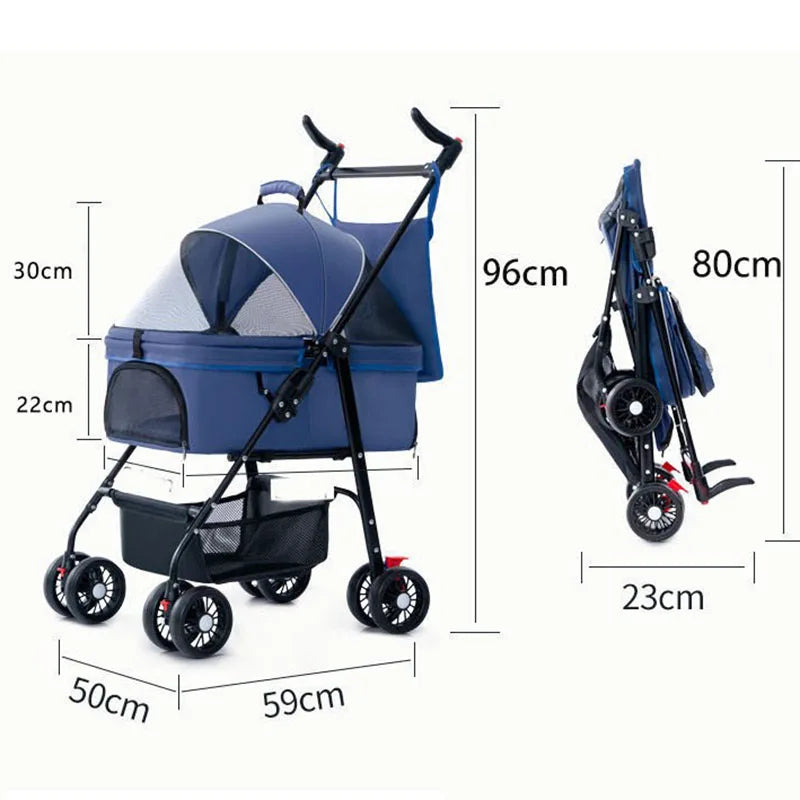 4 Wheel Foldable Pet Stroller with Detachable Carrier Storage Basket - Multifunction Pet Outdoor 3-in-1 Folding Dog Stroller