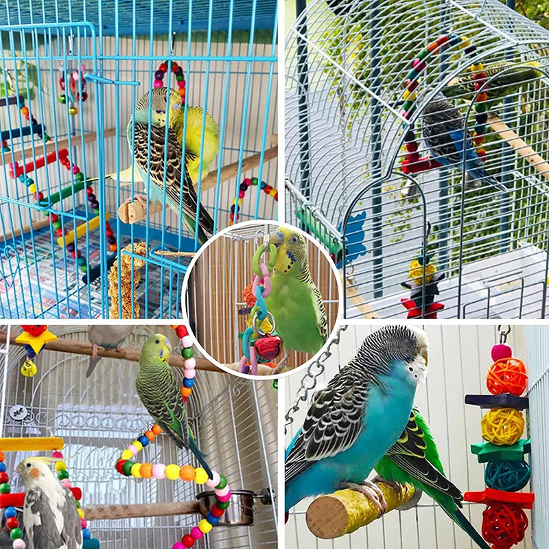 7pcs Pack Wood Parrot Toys, Bird Accessories - Swing, Suspension Bridge, Balls, Bells, Mirror