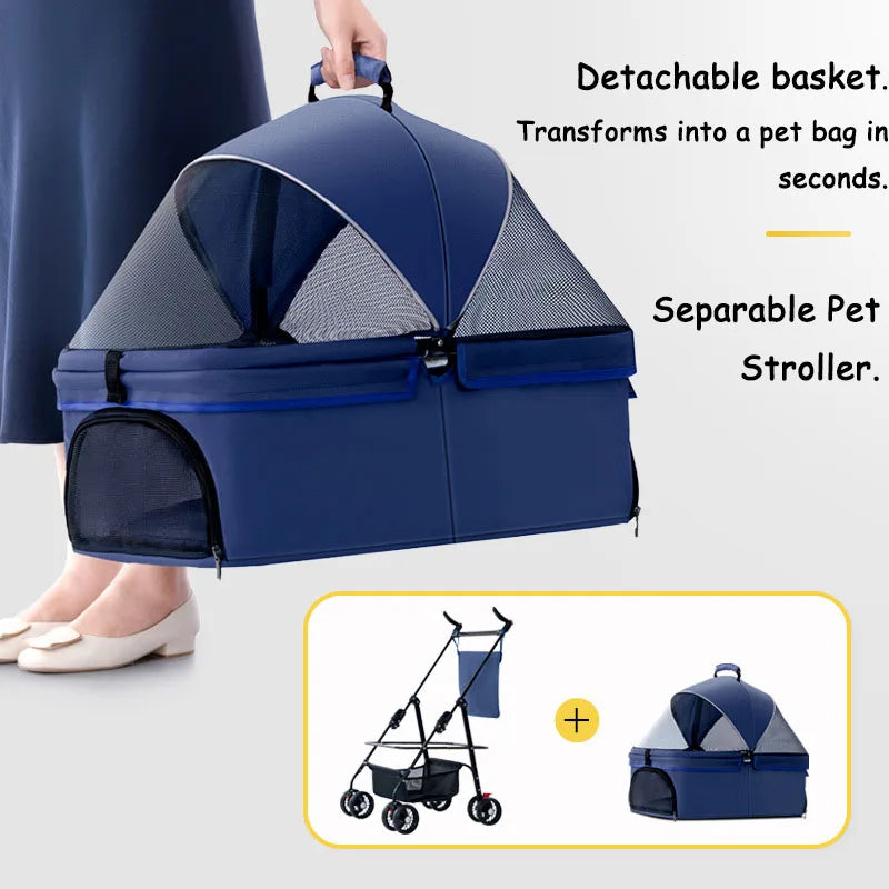 4 Wheel Foldable Pet Stroller with Detachable Carrier Storage Basket - Multifunction Pet Outdoor 3-in-1 Folding Dog Stroller