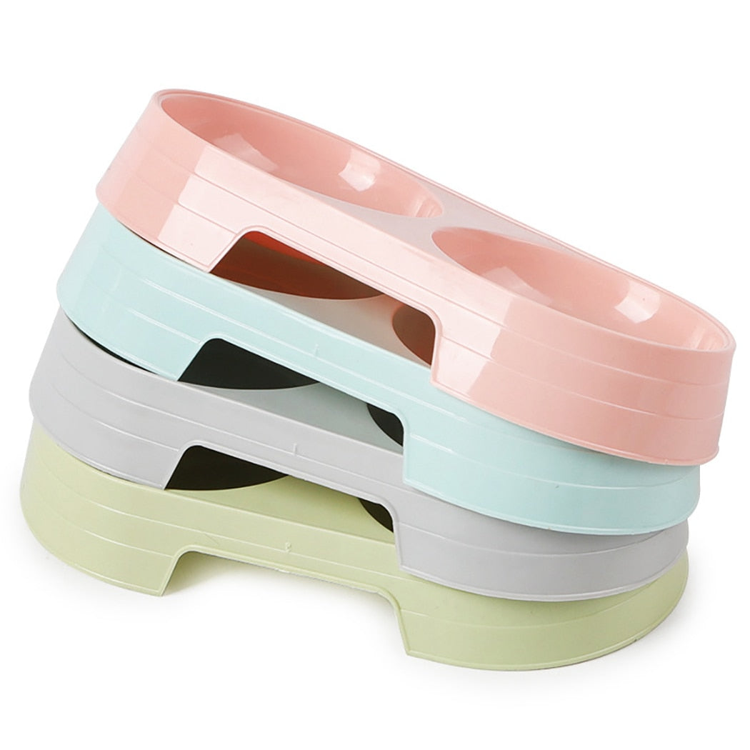 Candy colored dual-feeder pet food bowl