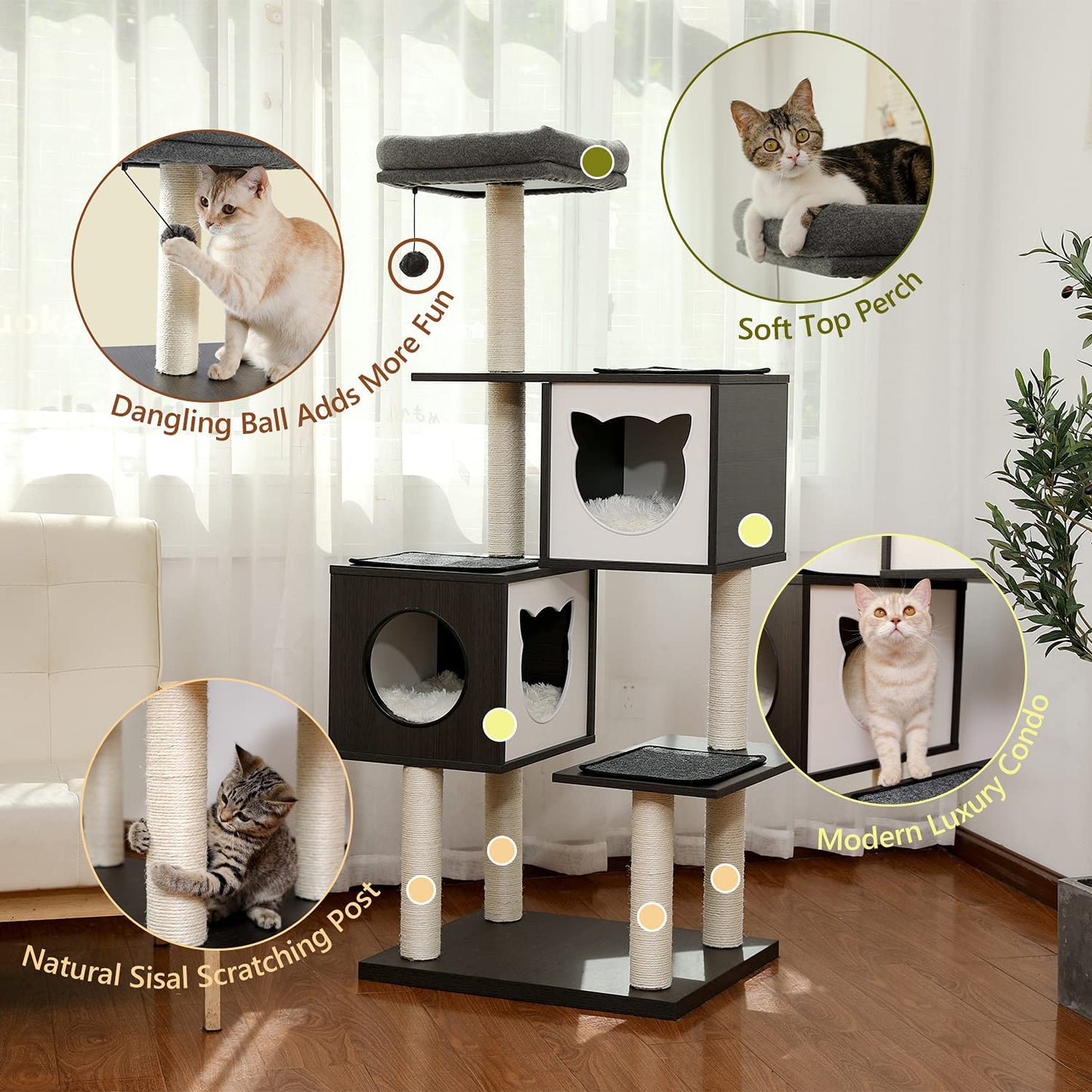 Large Cat Tree Tower Condo with Hammock & Multiple Perches