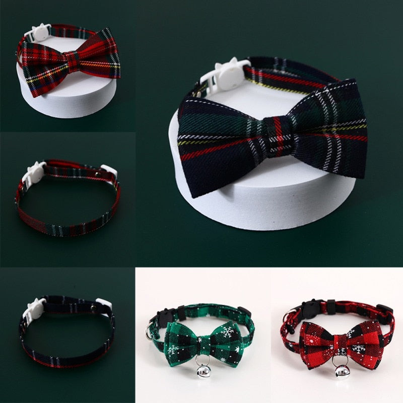 Kitten/Puppy Collar with Bell, Christmas Plaid or Adjustable Plaid Bow (A type)